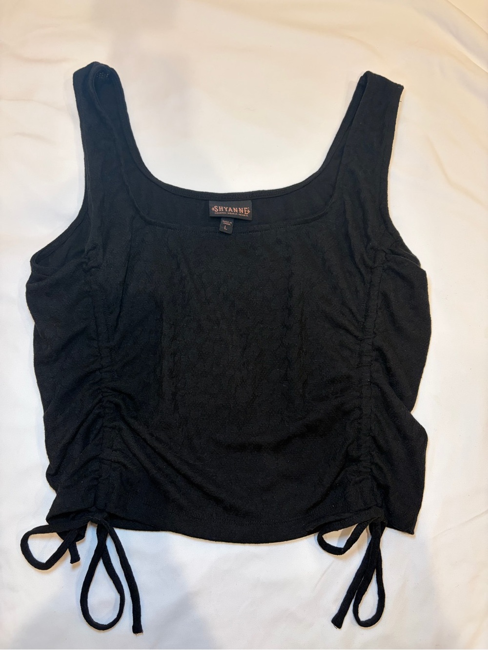 Shyanne Black Ruched Side Tie Crop Tank Women’s Large
